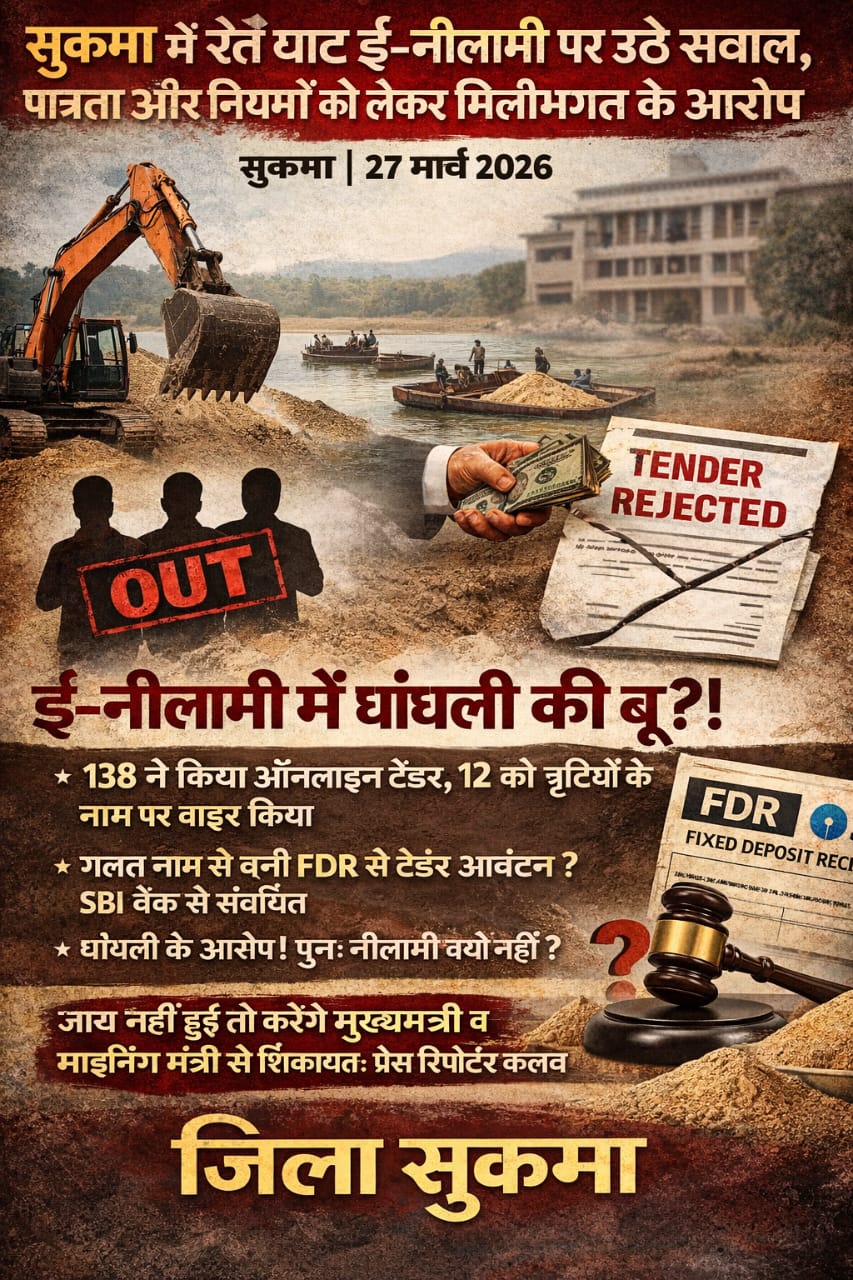 सुकमा में रेत घाट ई-नीलामी पर उठे सवाल, पात्रता और नियमों को लेकर मिलीभगत के आरोप